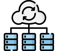 Nor cu o săgeată circulară deasupra unor servere, simbolizând sincronizarea sau backup-ul datelor în cloud.